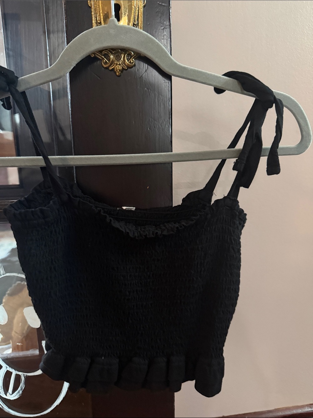Garage Black Smocked Ruffle Crop Top with Tie Straps